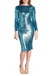 Dress The Population Emery Beaded Long Sleeve Dress In Blue