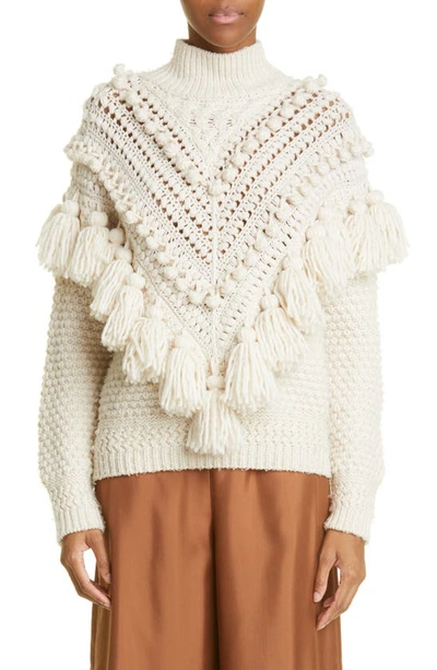 Zimmermann Crochet Tassel And Pom Pom Turtleneck Sweater In Neutrals