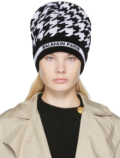 Balmain Houndstooth Jacquard Wool-blend Beanie In Bianco+nero