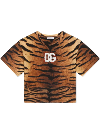 Dolce & Gabbana Kids' Tiger-print Cotton T-shirt In Braun