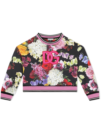 Dolce & Gabbana Kids' Floral-print Cotton Sweatshirt In Schwarz