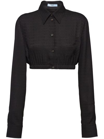 Prada Logo Jacquard Cropped Button-down Shirt In Black