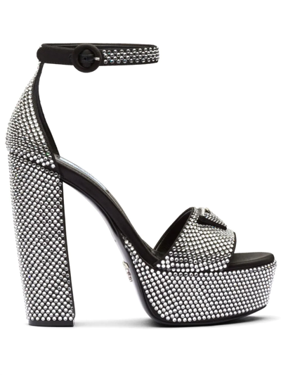 Prada Logo Crystal-embellished Platform Ankle-strap Sandals In Black