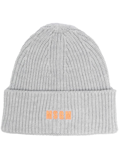 Msgm Embroidered Logo Knitted Beanie In Grey