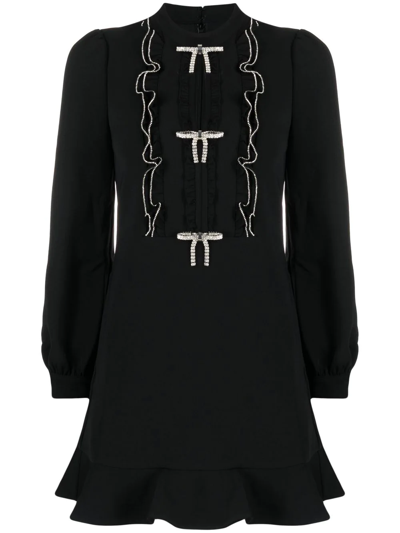 Self-portrait Crystal-embellished Ruffled Crepe Mini Dress In Black