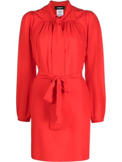 Dsquared2 Pussy-bow Silk Mini Dress In Flame Orange