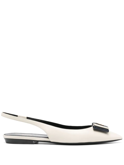 Saint Laurent Anais Bow-embellished Leather Slingback Point-toe Flats In White
