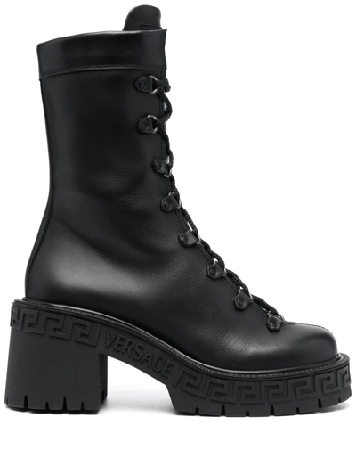 Versace Greca Platform Combat Boots In Black