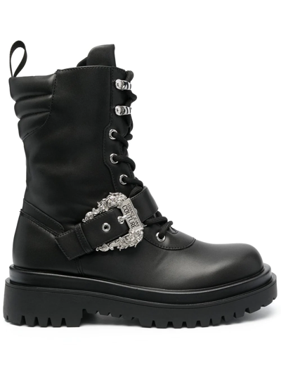 Versace Jeans Couture Drew Baroque-buckle Combat Boots In Black