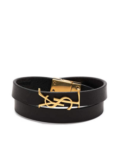 Saint Laurent Ysl Logo-plaque Leather Bracelet In Schwarz