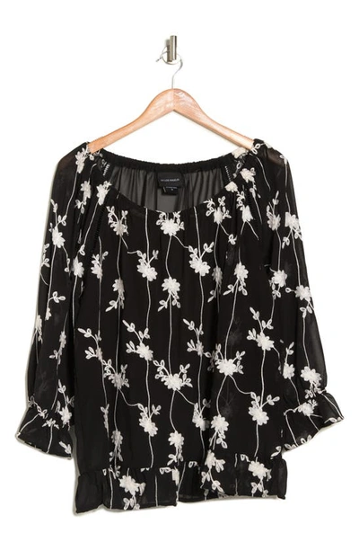 Forgotten Grace Embroidered Ruffle Trim Blouse In Black/ White