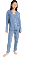 Eberjey Gisele Slim Tuxedo 2-piece Pajama Set In Coastal Blue/ivory