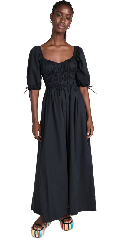Staud Faye Shirred Cotton-blend Poplin Maxi Dress In Black