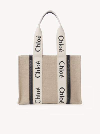 Chloé Sac Cabas Woody En Toile De Lin Femme Blanc Taille Onesize 100% Lin, Cuir De Veau, Polyester