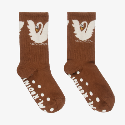 Mini Rodini Babies' Brown Swan Anti-slip Socks
