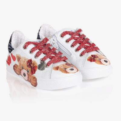 Monnalisa Kids' Bear Print Leather Lace-up Sneakers In White,red