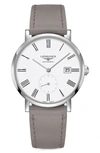 LONGINES ELEGANT AUTOMATIC FAUX LEATHER STRAP WATCH, 39MM