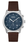 HUGO BOSS TRACE CHRONOGRAPH LEATHER STRAP WATCH, 44MM