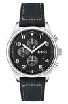 Hugo Boss Men's View Black Genuine Leather Strap Watch, 44mm In Black
