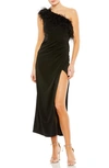 Mac Duggal Feather Trim One Shoulder Draped Dress In Black