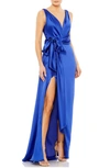 Mac Duggal Self Tie Draped Gown With Overlay Train In Blue
