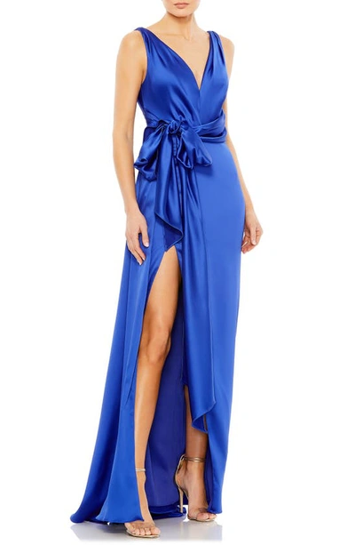 Mac Duggal Satin Draped V-neck Gown In Royal