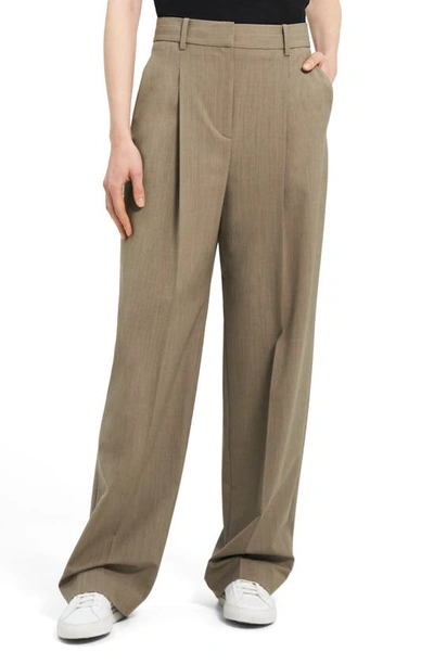 Theory Pleated High-waisted Wide-leg Trousers In Khaki Melange - E3v