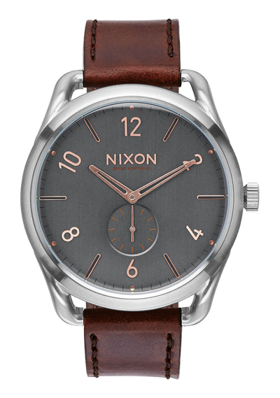 Nixon C45 Leather Grey Dial Mens Watch A4652064 In Brown / Gold Tone / Grey / Skeleton