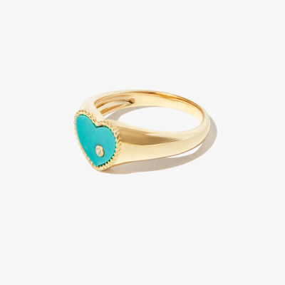 Yvonne Léon 9k Yellow Gold Mini Coeur Turquoise Diamond Signet Ring