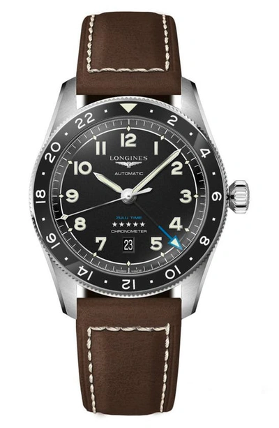 Longines Mens Black L3.812.4.53.2 Spirit Zulu Time Stainless-steel Automatic Watch In Black/ Brown
