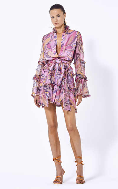 Alexis Paris Tiered Metallic Abstract-print Mini Dress In Multi,purple
