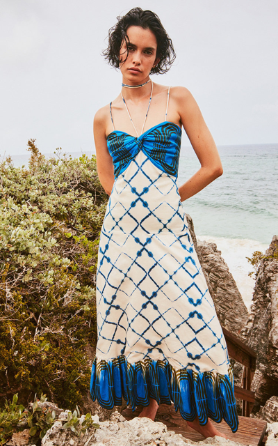 Alexis Nuri Printed Linen-cotton Long Halter Dress In Blue