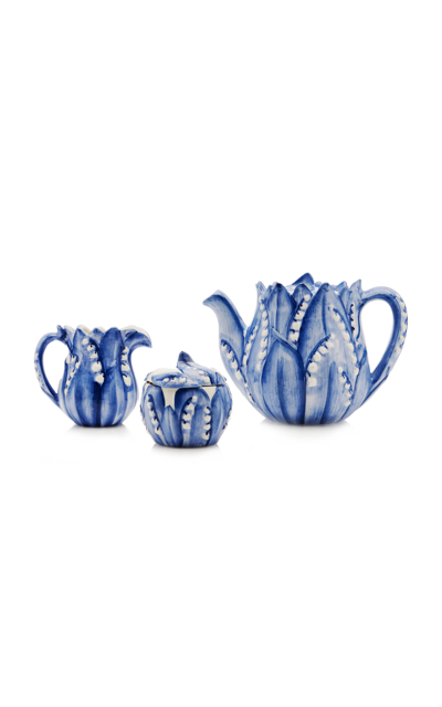 Moda Domus Lily Of The Valley Ceramic Teapot; Cream; And Sugar Set In Blue