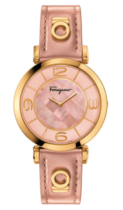 Pre-owned Ferragamo Women's Fg3030014 Gancino Deco Rose Gold Ip Pink Leather Watch