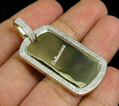 Pre-owned Online0369 Men's Real 10k Yellow Gold Natural White Diamond 2 Row Dog Tag Charm Pendant