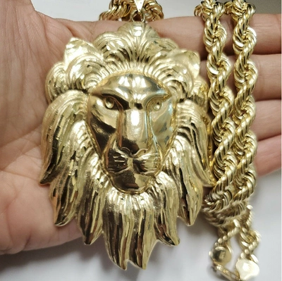 Pre-owned G&d 10k Yellow Gold Lion Head Pendant Mens Charm 4" With 28" Rope Chain
