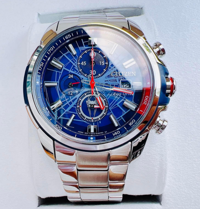 Pre-owned Citizen Marvel Spider-man Chronograph Blue Dial Eco-drive Watch Ca0429-53w