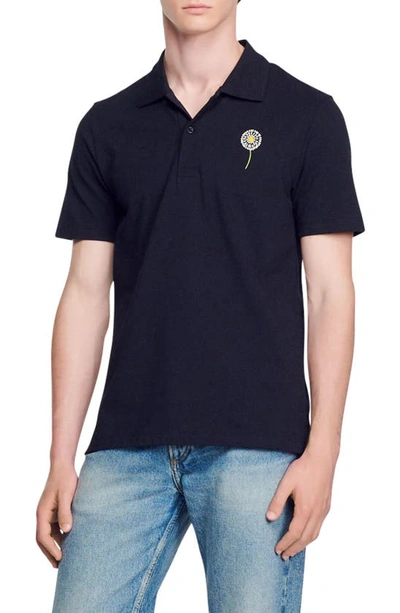 Sandro Dandelion Embroidered Cotton Polo Shirt In Navy Blue