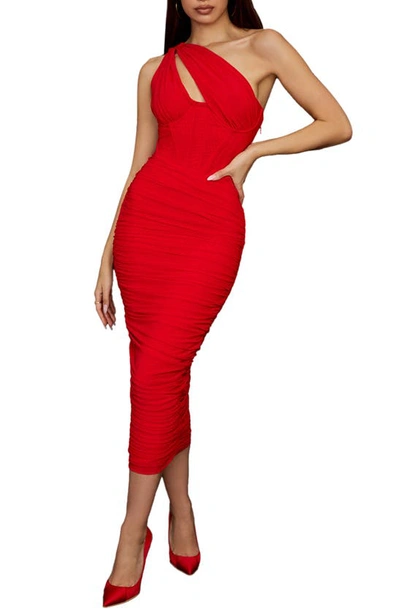 House Of Cb Valentina Asymmetric Cutout One-shoulder Midi Dress In Red