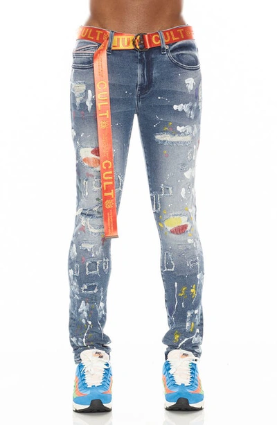 Cult Of Individuality Punk Belted Distressed Super Skinny Jeans In Blue