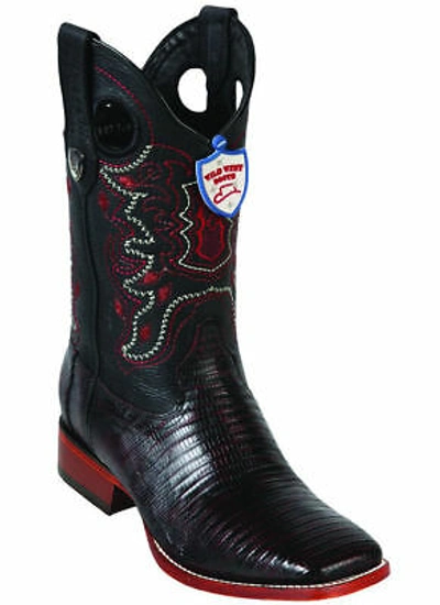Pre-owned Wild West Boots Wild West Cherry Genuine Teju Lizard Cowboy Boot Ranch-wide Square-toe (ee+)