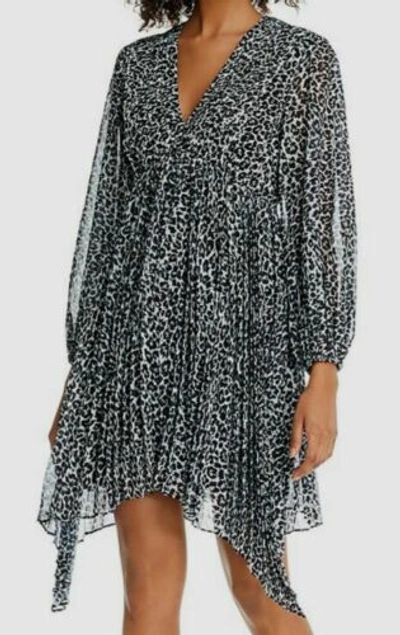 Pre-owned The Kooples $798  Women Black White V-neck Leopard Silk Ruffle Shift Dress Size 1