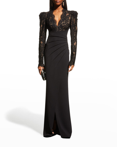 Tadashi Shoji Scallop Lace V-neck Long-sleeve Crepe Gown In Black/nude
