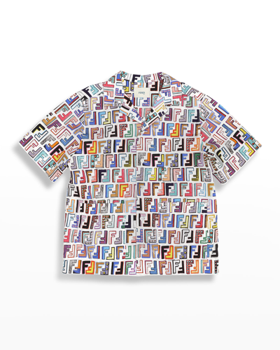 Fendi Kids' Boy's Multicolor Logo-print Shirt In F0w0h White