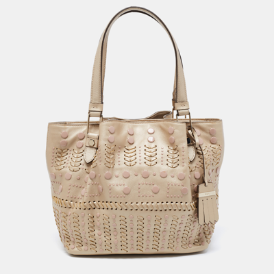 Pre-owned Tod's Metallic Beige Leather Small Studded Flower Tote