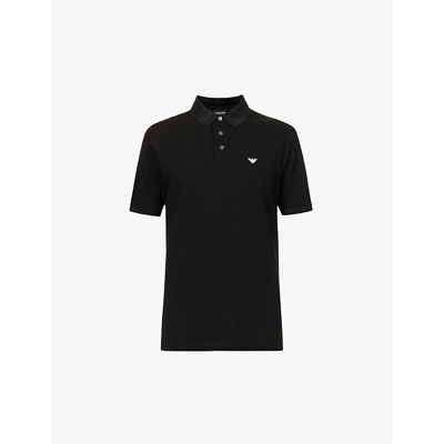 Emporio Armani Black Intarsia-knit Logo Mercerised Pique Polo Shirt, Size X-large