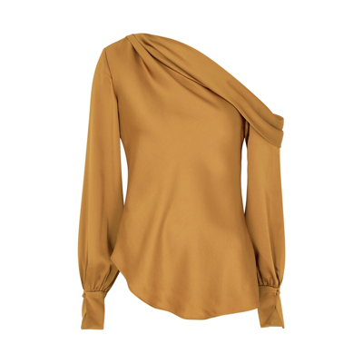 Jonathan Simkhai Alice Bronze One-shoulder Satin Top In Copper