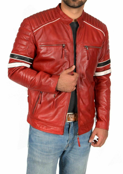 Pre-owned Noora Mens 100% Real Genuine Lambskin Red Leather Jacket Café Racer Biker Jacket