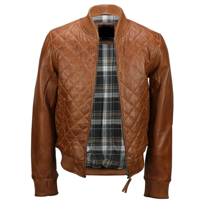 Pre-owned Noora Stylish Quilted Men's Brown Vintage Leather Slim Fit Bomber Biker Jacket