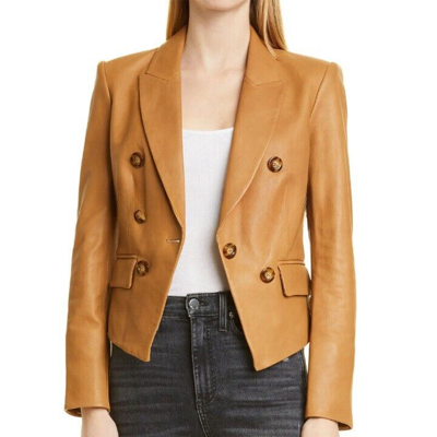 Pre-owned Noora Double Breasted Genuine Beige Leather Blazer For Ladies Buttoned Leather Jacket